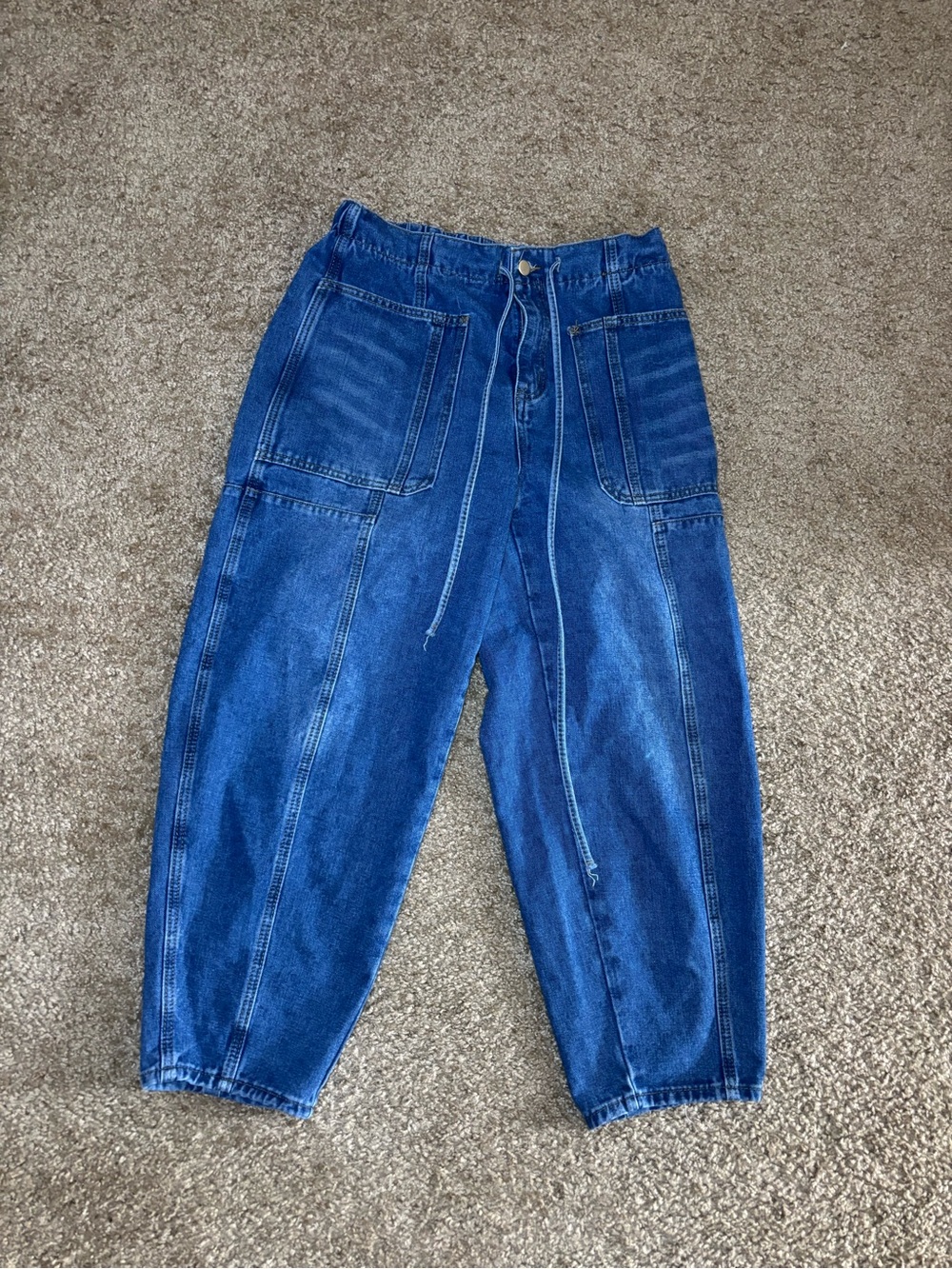 High-Waist Drawstring Denim Cargo Pants - Blue
